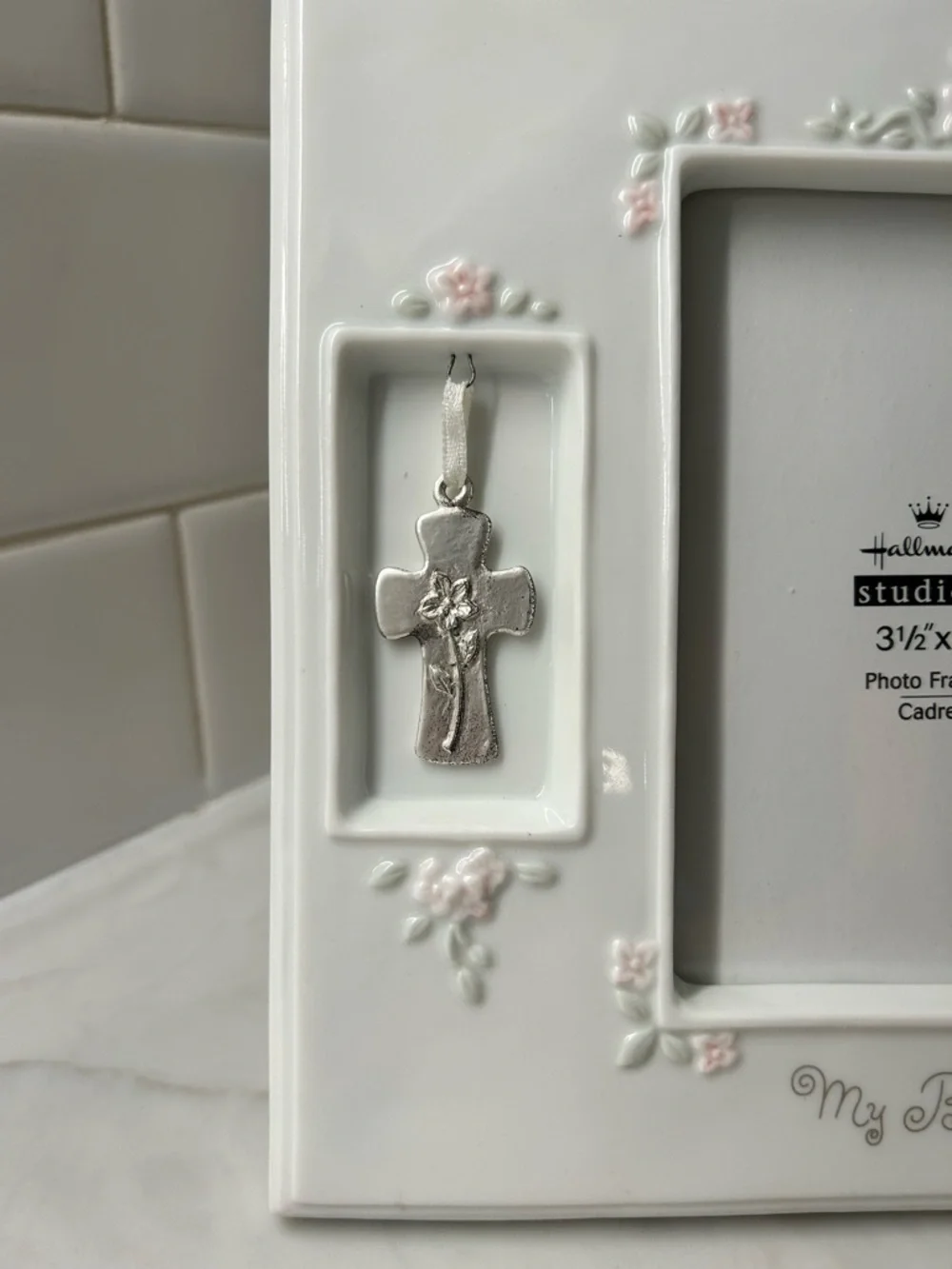 Vintage Hallmark Studio B My Baptism Ceramic Photo Frame with Cross